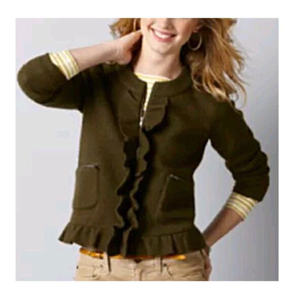 LOFT Merino Wool Jacket ruffle edges olive green zip up pockets career SZ M PT - Picture 1 of 10